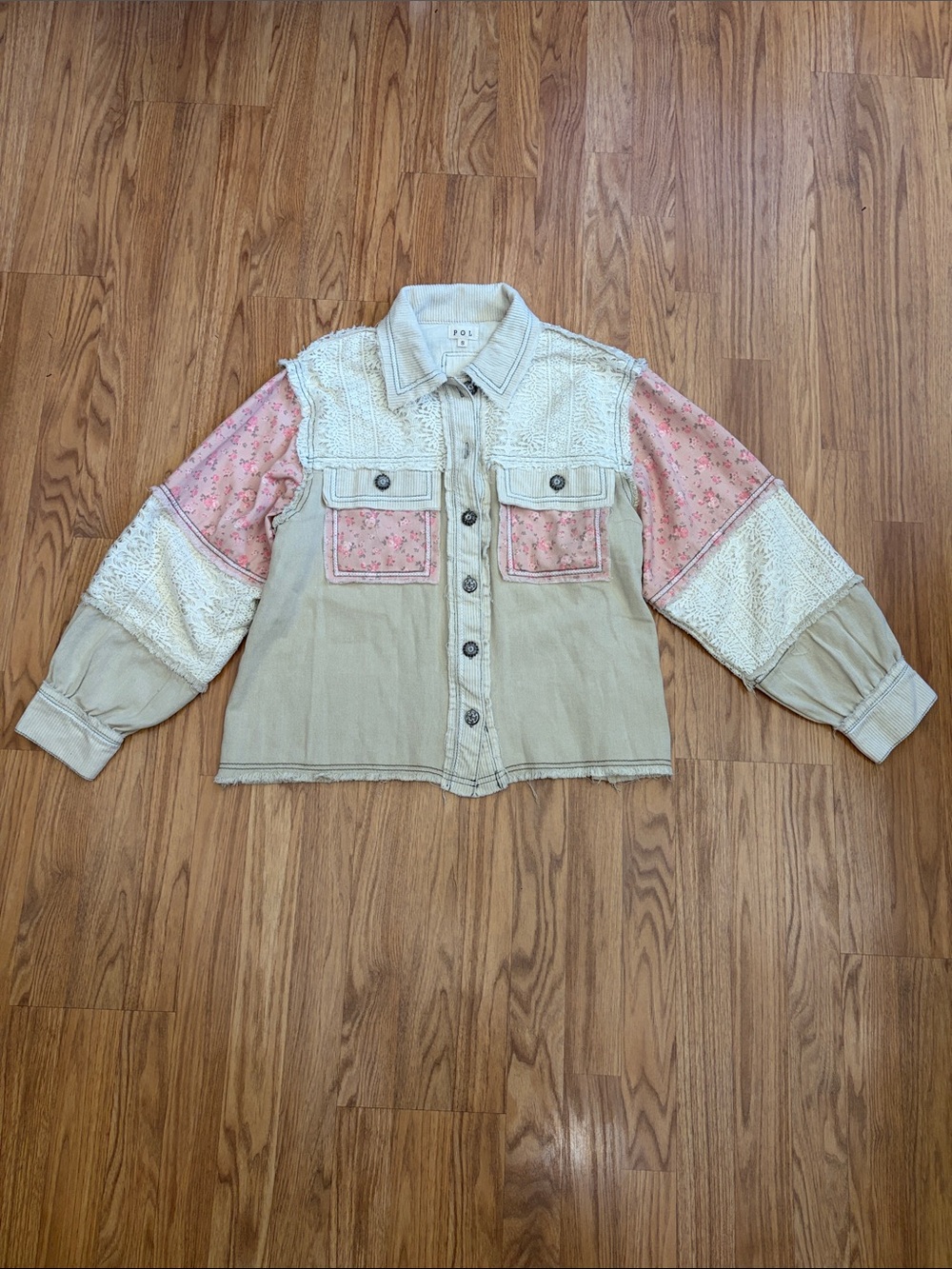 POL Patchwork Cotton Button-Front Jacket in Cream & Pink Small S NWOT